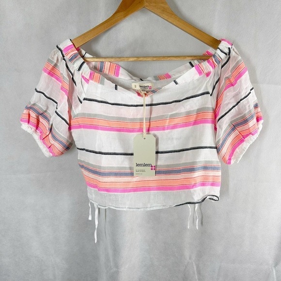 Lemlem by Liya Kebede Cotton Gauze Striped Off Shoulder Crop Top Size Medium - Picture 1 of 10